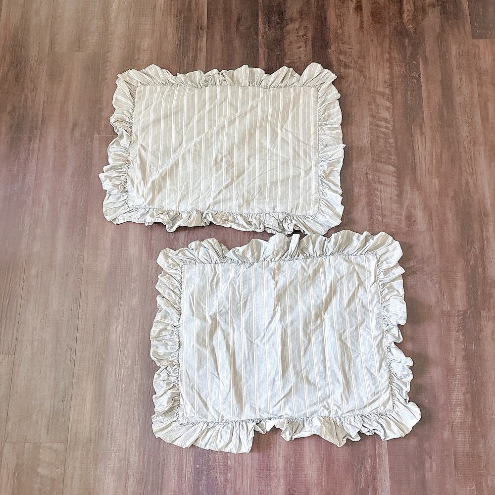 Set of Vintage Ralph Lauren Striped Green Ruffled Pillow Shams